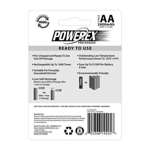 Powerex 预充电 AA 可充电镍氢电池 2600mAh（4 块装） 