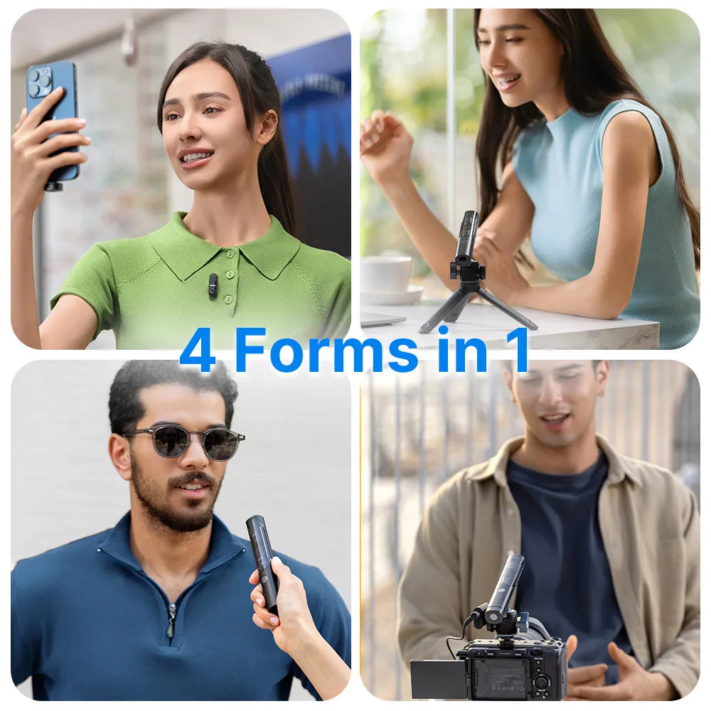 Four different people using a camera or phone with '4 Forms in 1' text overlay.