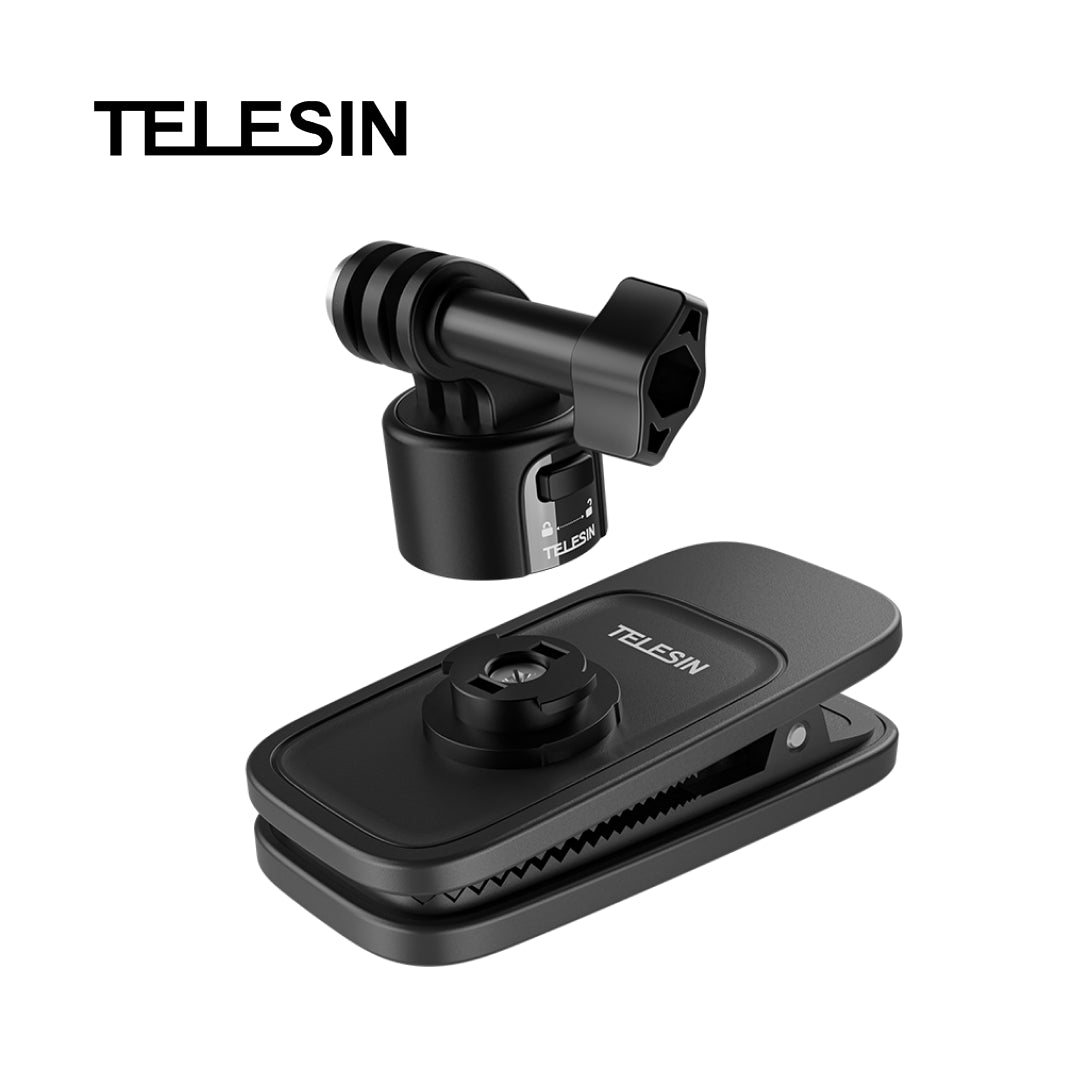 TELESIN black mounting accessory set on a white background, showing a clamp-style mount and a corresponding clip holder with the TELESIN logo.