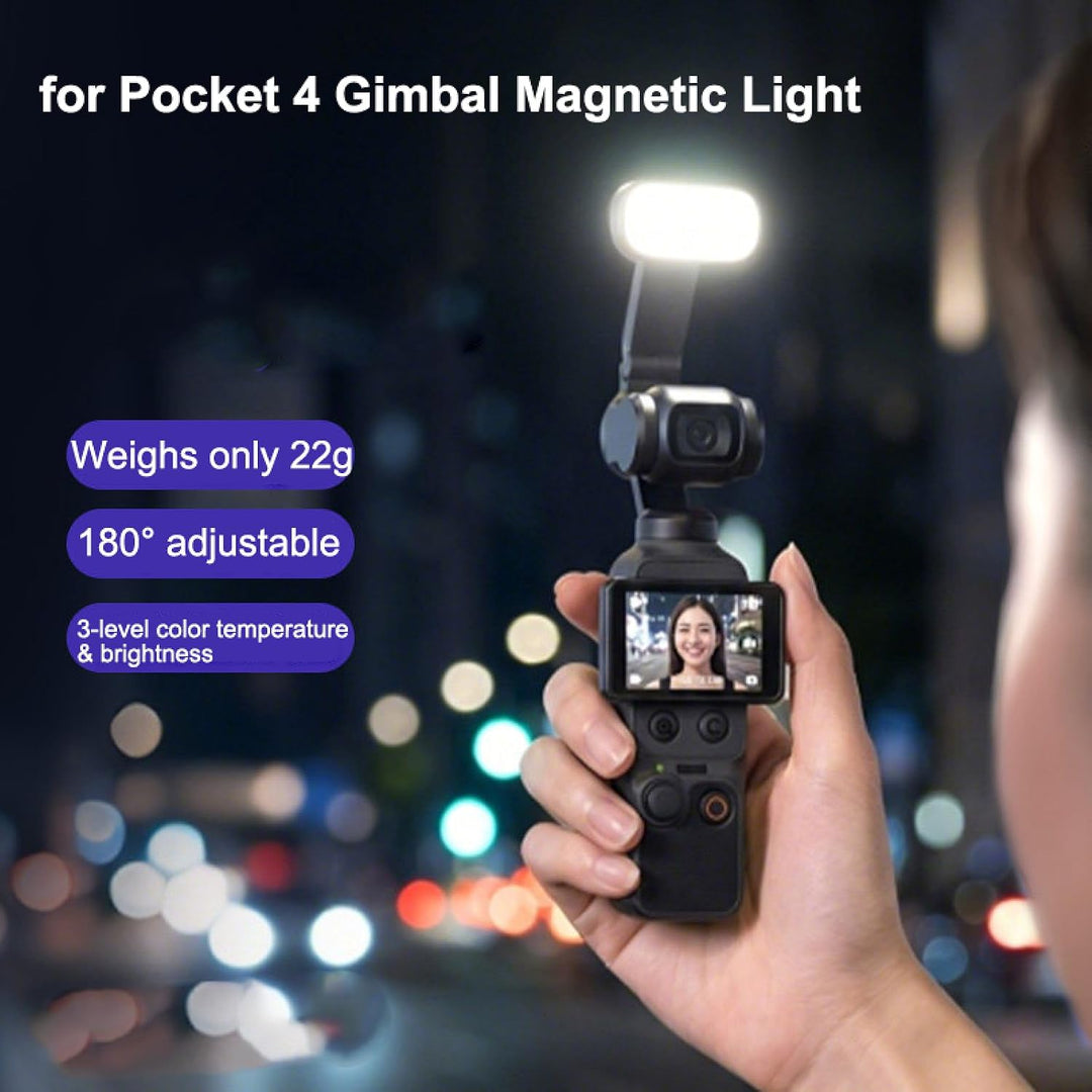 A hand holds a compact handheld gimbal camera with a bright attached LED light illuminated, against a blurred nighttime city background with bokeh lights. Text on the image reads &