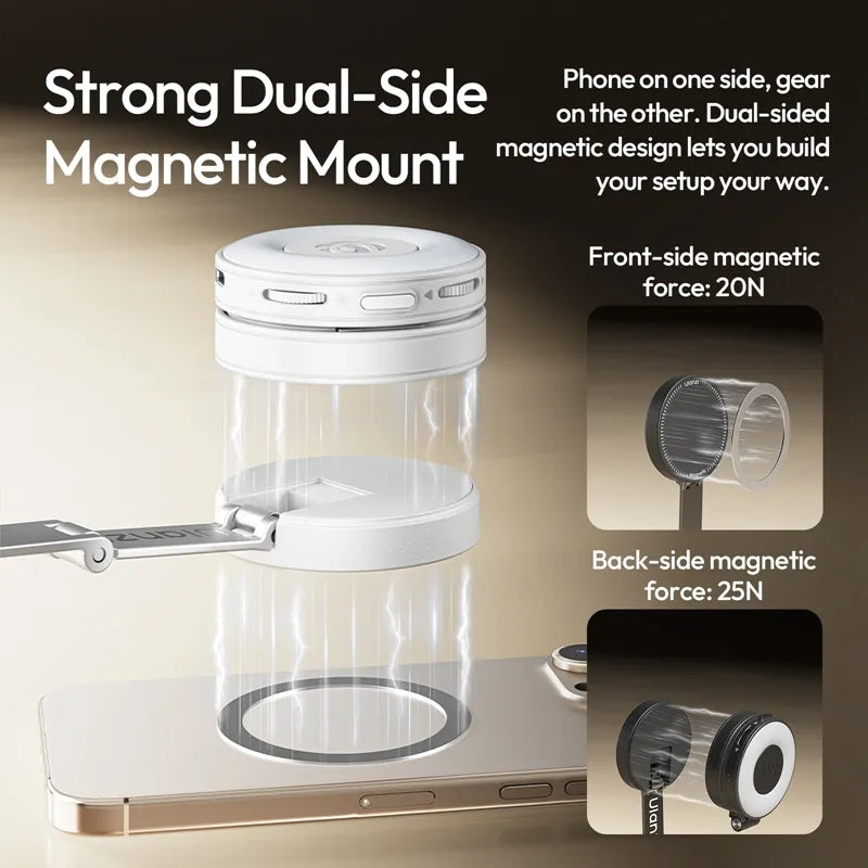 Strong dual-side magnetic mount with front and back magnetic force details on a beige background