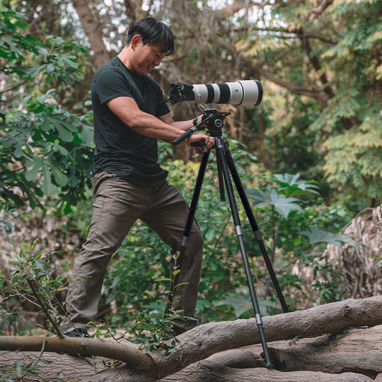 Man setting up a camera with a large lens on a tripod in a forest