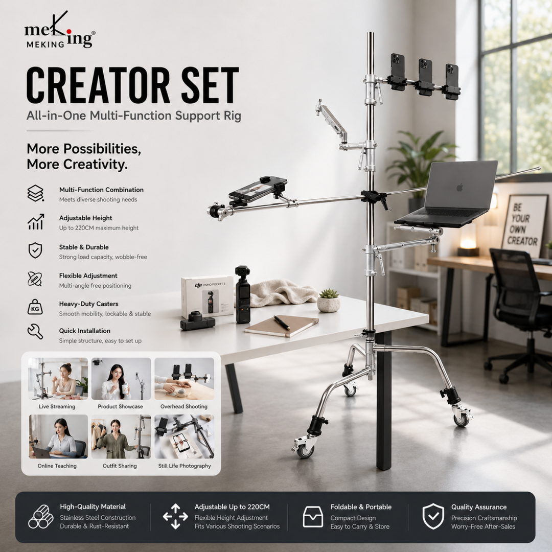 Meking Creator Set multi-function support rig with laptop on a desk in a modern office setting.