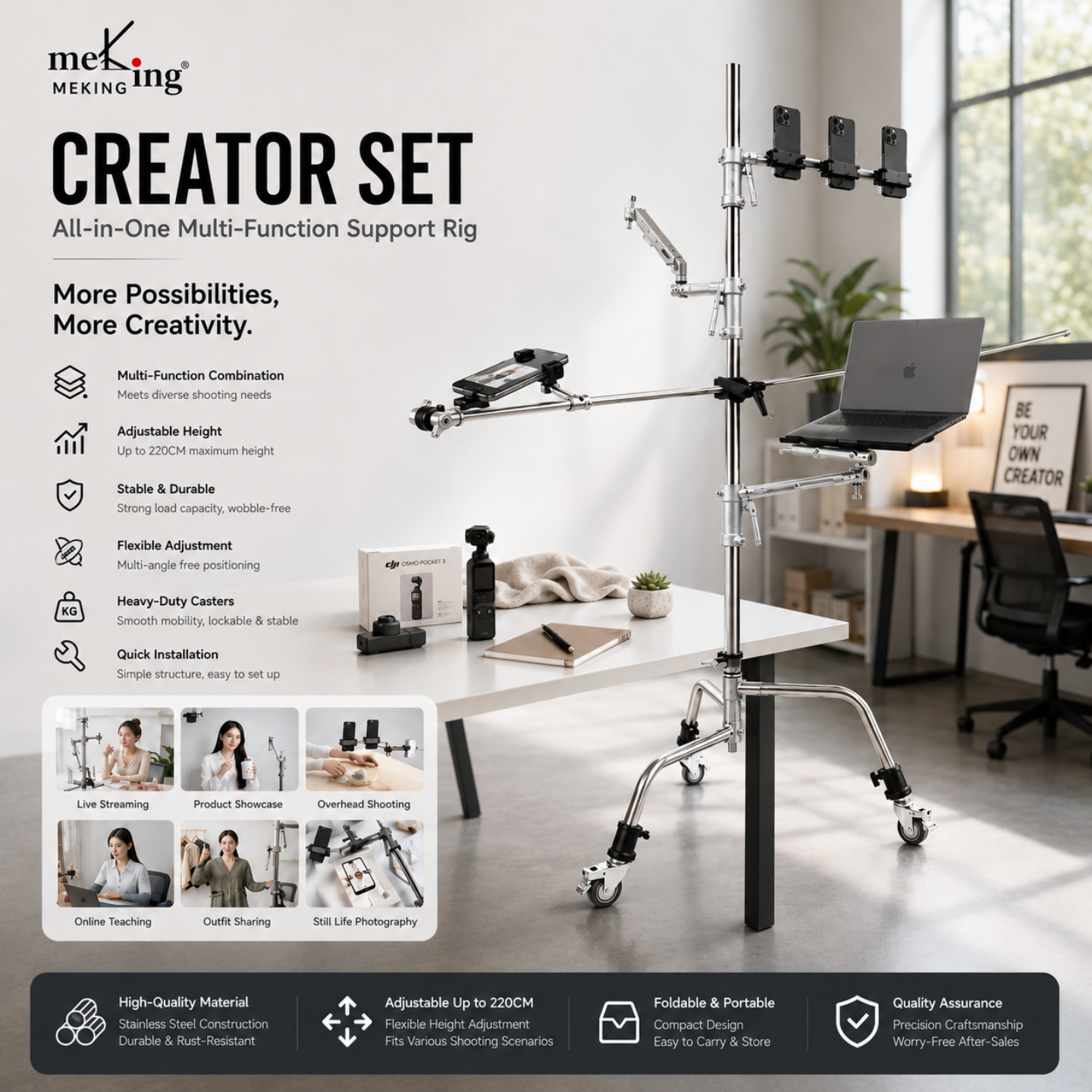 Meking Creator Set multi-function support rig with laptop on a desk in a modern office setting.
