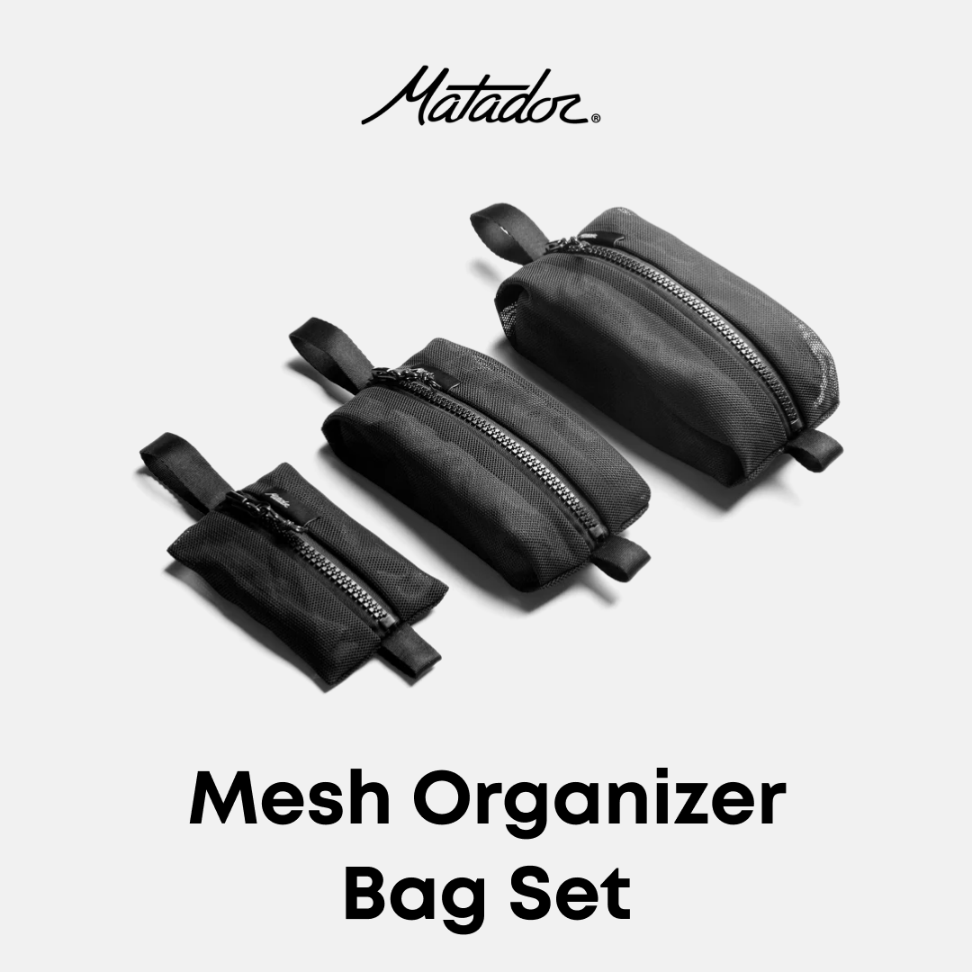 Set of black mesh organizer bags with 'Matador' branding on a white background
