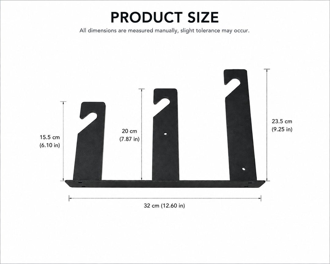 Measurement chart of a black metal bracket with dimensions labeled.