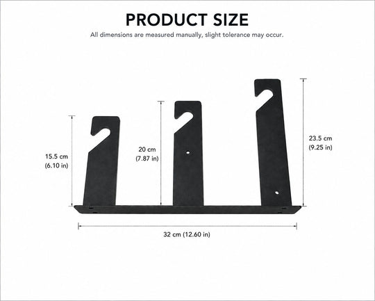 Measurement chart of a black metal bracket with dimensions labeled.