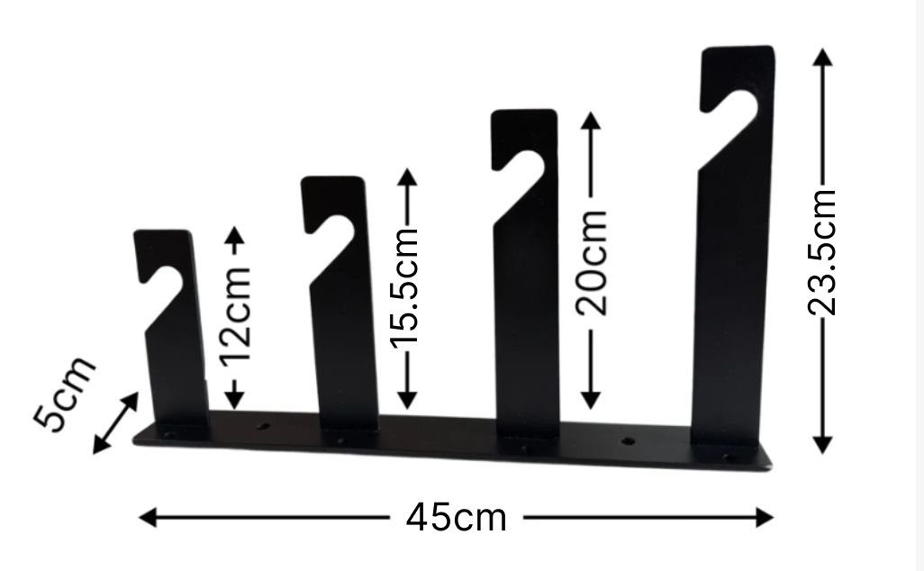 Black metal bracket with measurements on a white background