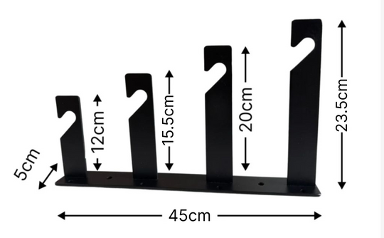 Black metal bracket with measurements on a white background