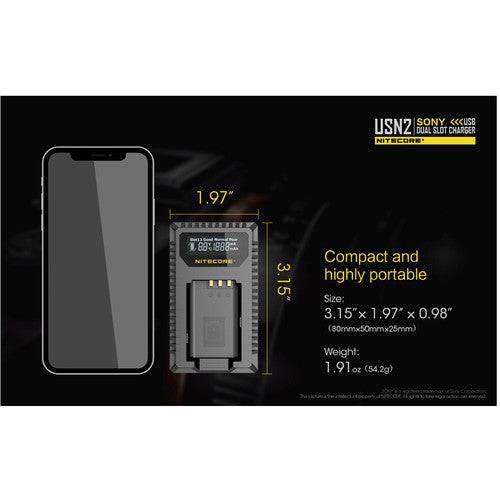 Nitecore USN2 双电池 USB 充电器适用于索尼 NP-BX1 电池