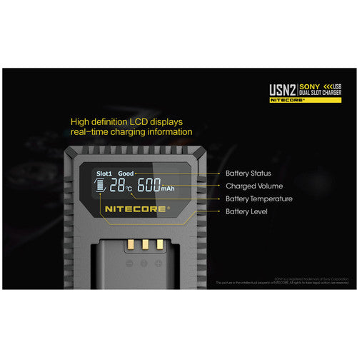 Nitecore USN2 双电池 USB 充电器适用于索尼 NP-BX1 电池