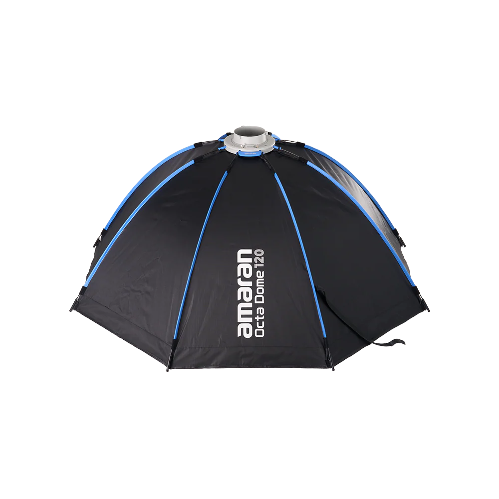 Black and blue octagonal photography light modifier with 'amaran' branding on a white background