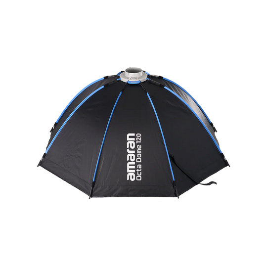 Black and blue octagonal photography light modifier with 'amaran' branding on a white background