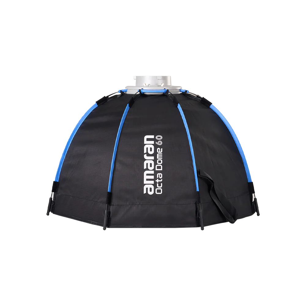 Black octagonal softbox with blue accents and 'amaran' branding on a white background