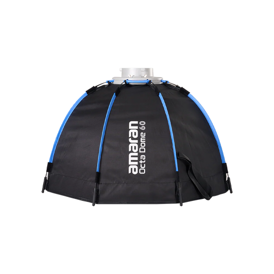 Black octagonal softbox with blue accents and 'amaran' branding on a white background