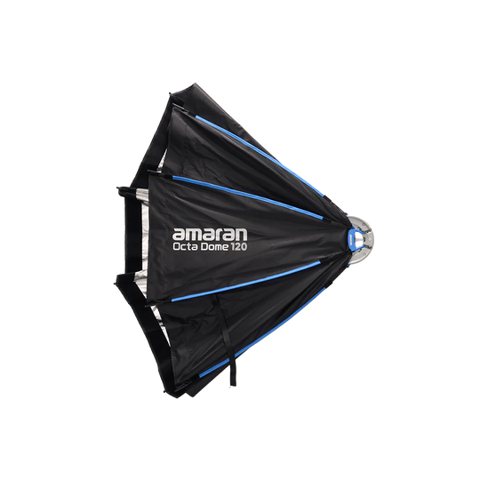 Black octagonal softbox with blue accents and 'amaran' branding on a white background