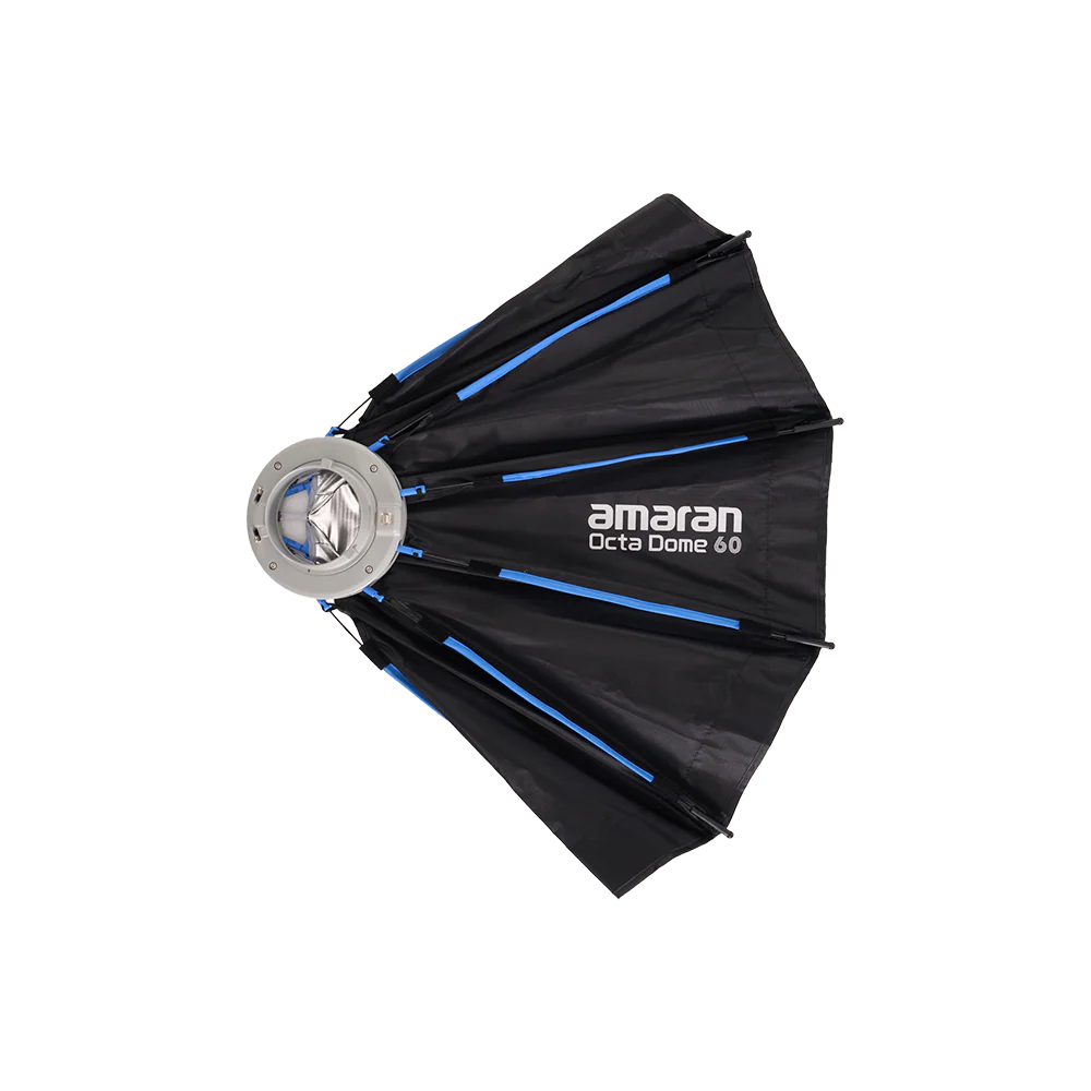 Black octagonal softbox with blue accents and 'amaran' branding on a white background