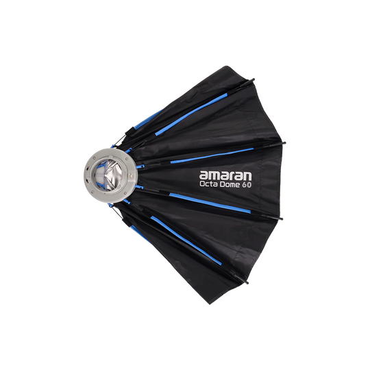 Black octagonal softbox with blue accents and 'amaran' branding on a white background