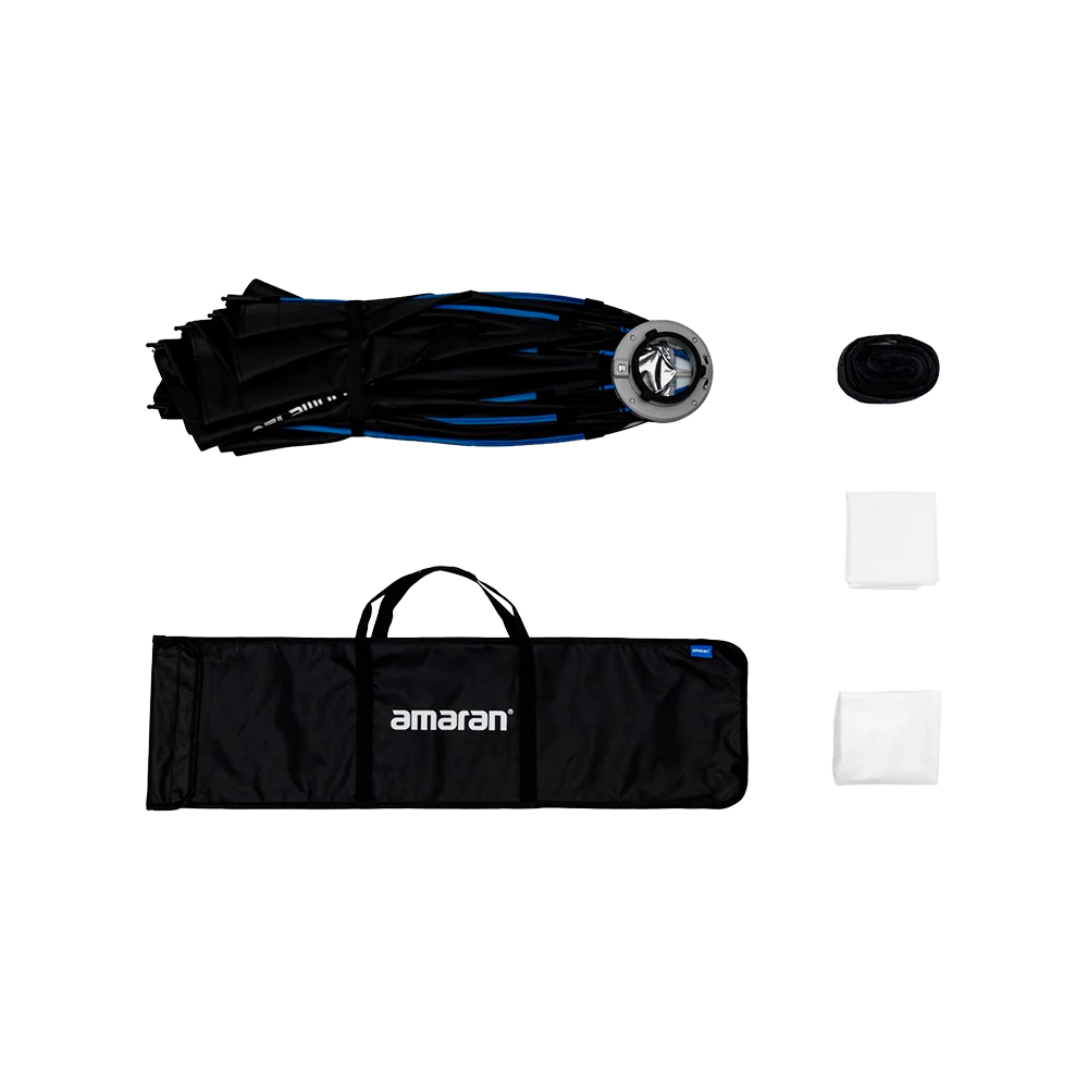 Collection of photography equipment including a softbox, light modifier, and carrying case on a white background.