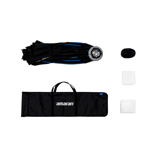 Collection of photography equipment including a softbox, light modifier, and carrying case on a white background.