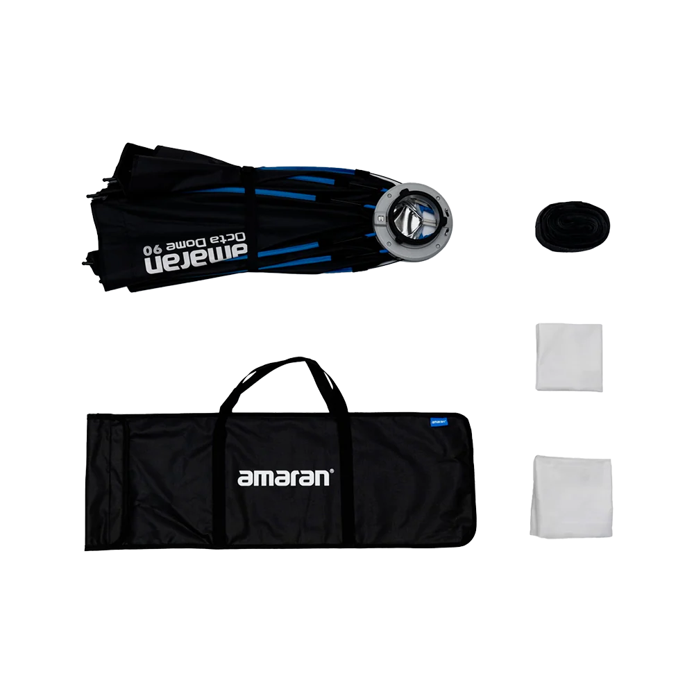 Amaran lighting equipment set with softbox, light, and accessories on a white background