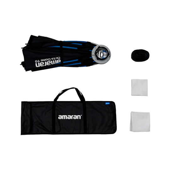 Amaran lighting equipment set with softbox, light, and accessories on a white background