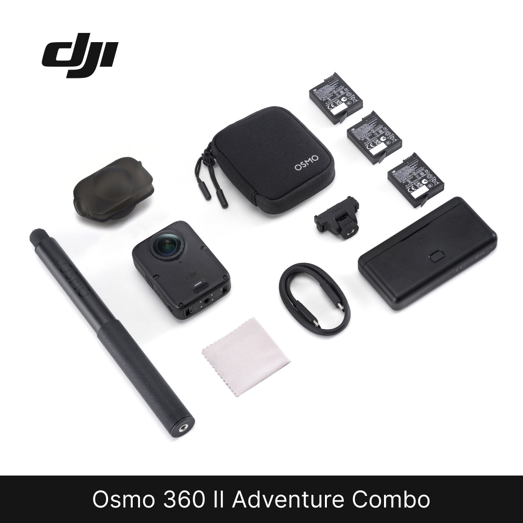 DJI Osmo 360 II Adventure Combo kit laid out on a white background, including the action camera, black carrying case, battery charger, battery packs, protective cover, selfie stick, strap, and cleaning cloth. DJI logo is visible in the top left.