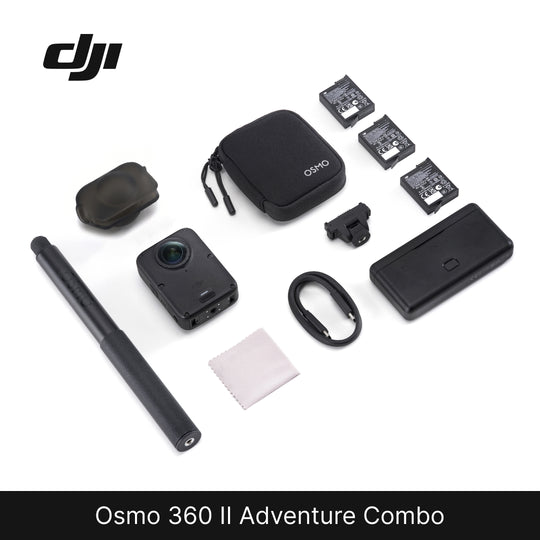DJI Osmo 360 II Adventure Combo kit laid out on a white background, including the action camera, black carrying case, battery charger, battery packs, protective cover, selfie stick, strap, and cleaning cloth. DJI logo is visible in the top left.