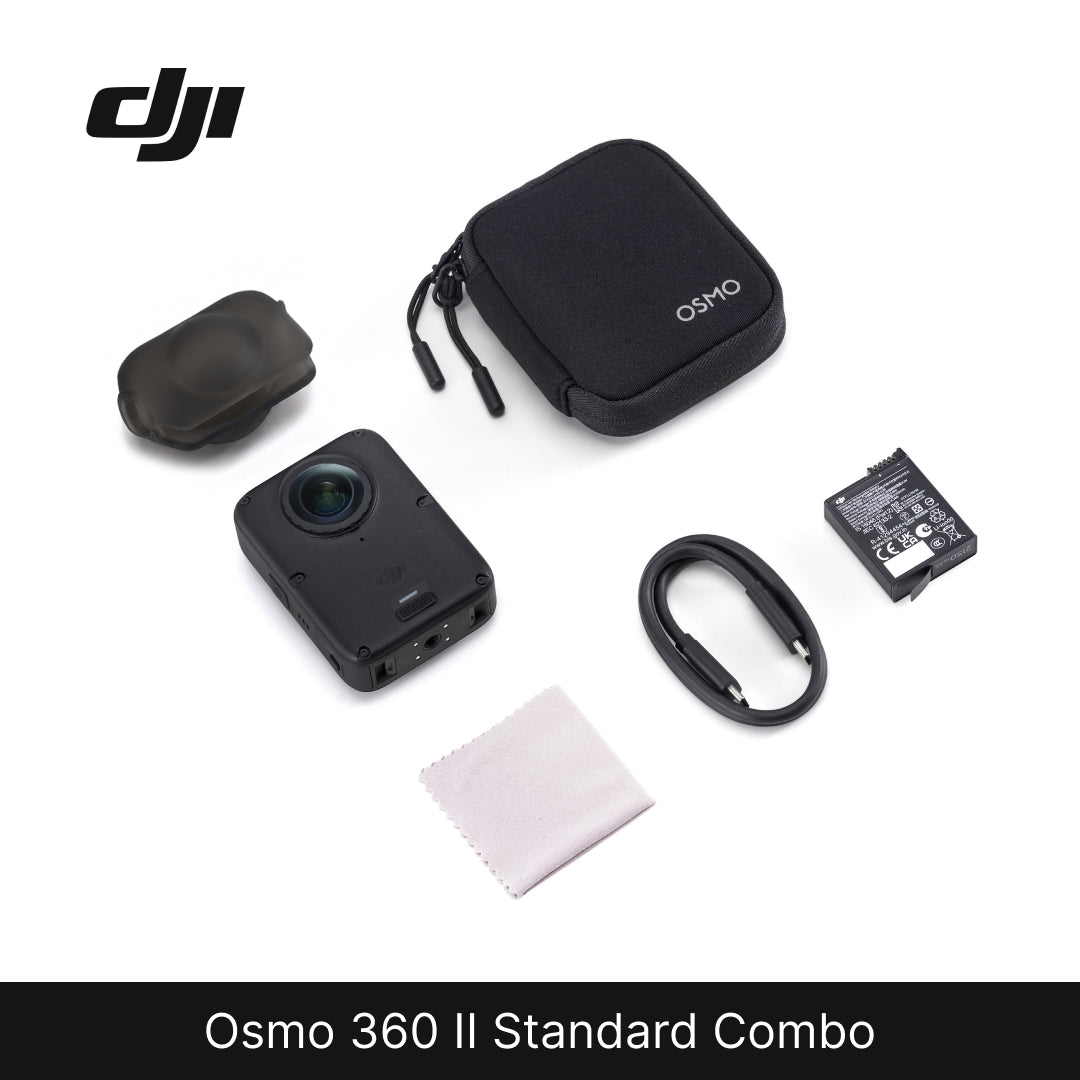 DJI Osmo 360 II Standard Combo kit on a white background, including the action camera, black protective case, lens protector, battery, cable, and cleaning cloth, with the DJI logo and product name shown.