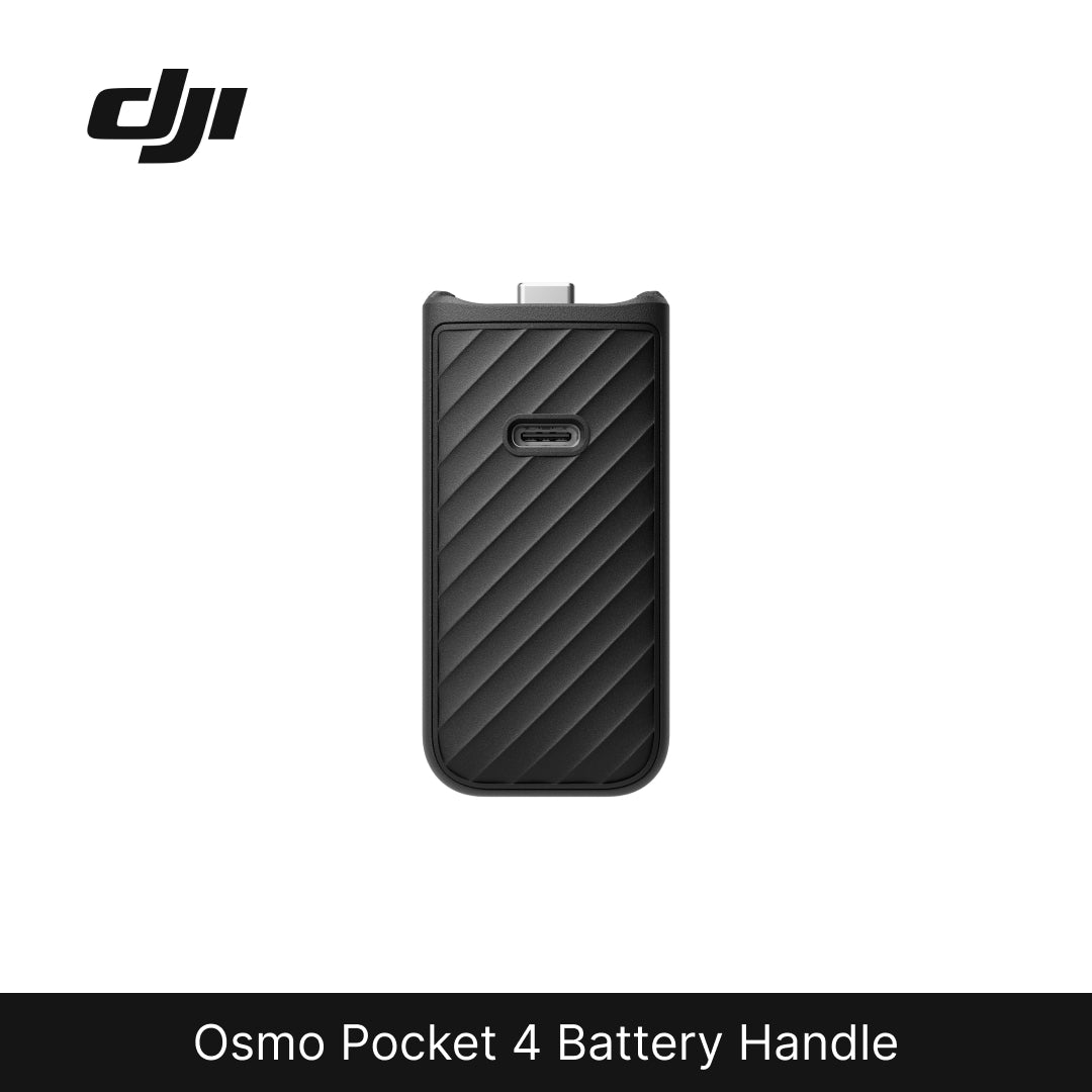 Black battery handle for DJI Osmo Pocket 4 on a white background