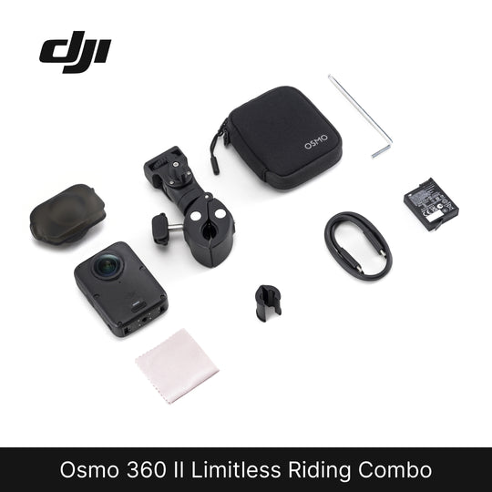 DJI Osmo 360 II Limitless Riding Combo accessories arranged on a white background, including a black carrying case, camera mount, Allen wrench, strap, small accessory, and cleaning cloth, with the DJI logo at top left and product name at bottom.