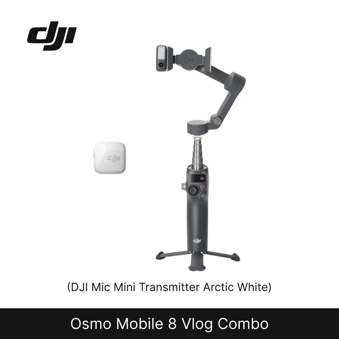 DJI Osmo Mobile 8 Vlog Combo with Mic Mini Transmitter on a white background