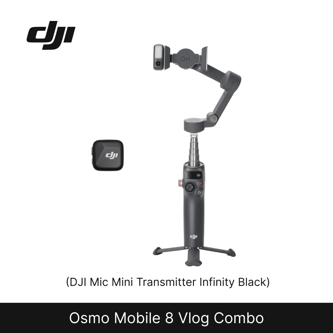 DJI Osmo Mobile 8 Vlog Combo with Mic Mini Transmitter on a white background