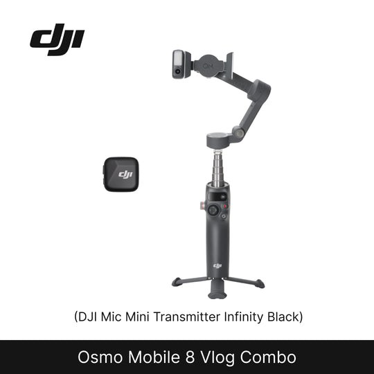 DJI Osmo Mobile 8 Vlog Combo with Mic Mini Transmitter on a white background