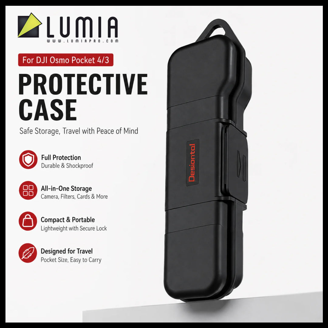 A black protective camera case for DJI Osmo Pocket 4/3, shown on a white background with product features listed on the left. The case has a red &
