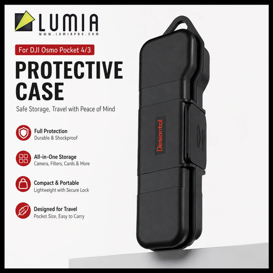 A black protective camera case for DJI Osmo Pocket 4/3, shown on a white background with product features listed on the left. The case has a red &