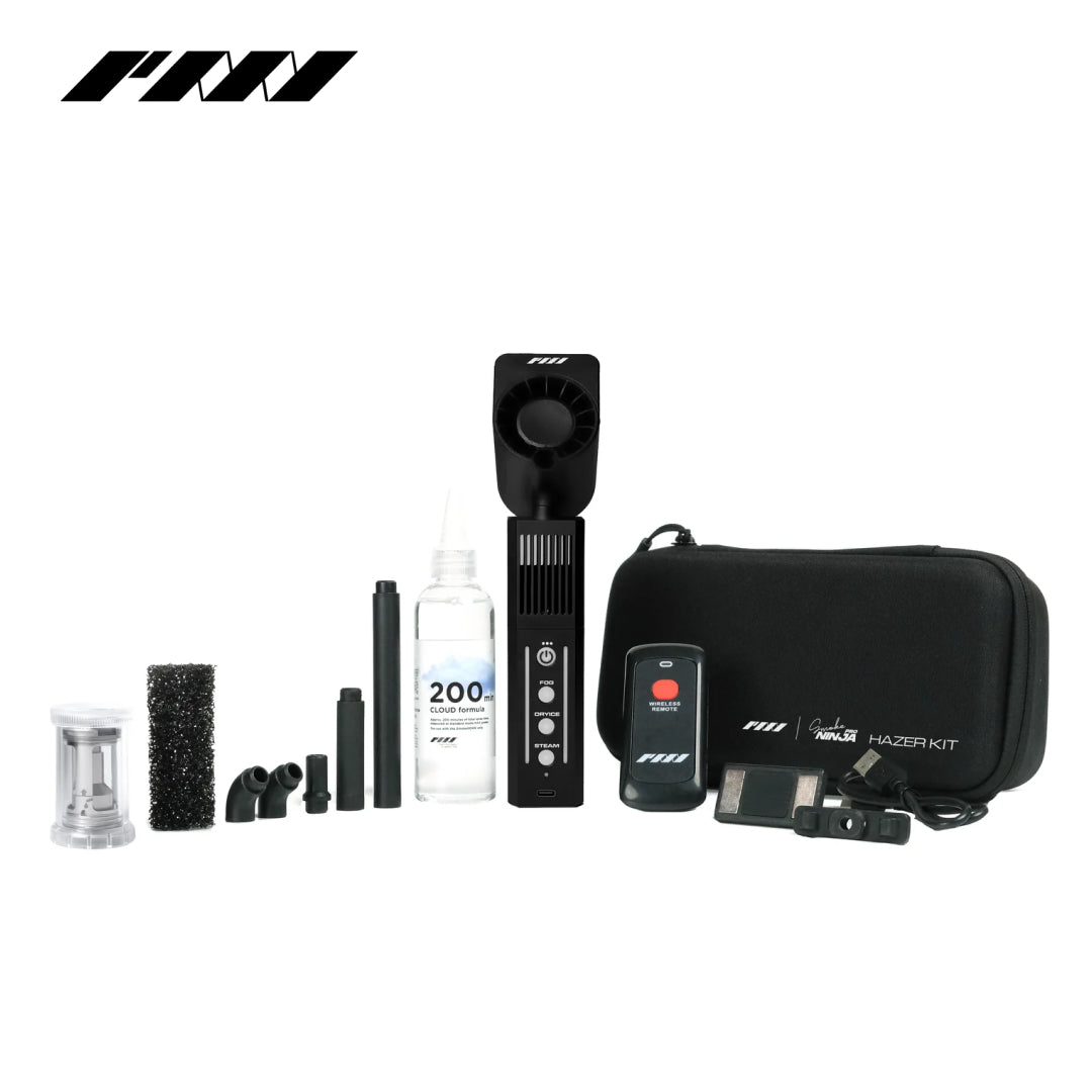 PMI SmokeNINJA PRO - Handheld Fog Machine with accessories on a white background