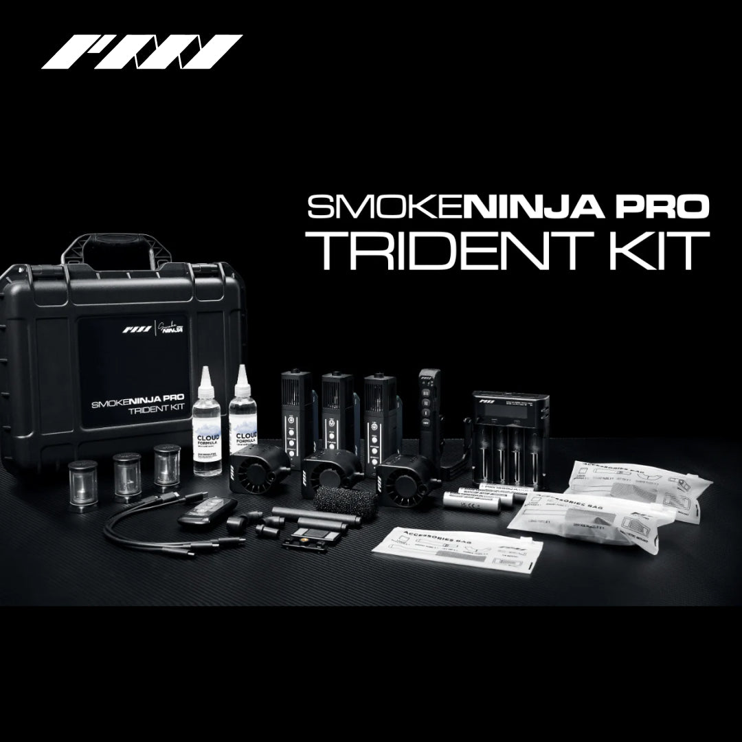 PMI SmokeNINJA PRO - Handheld Fog Machine with accessories on a black background
