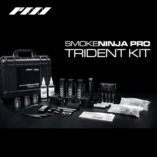PMI SmokeNINJA PRO - Handheld Fog Machine with accessories on a black background