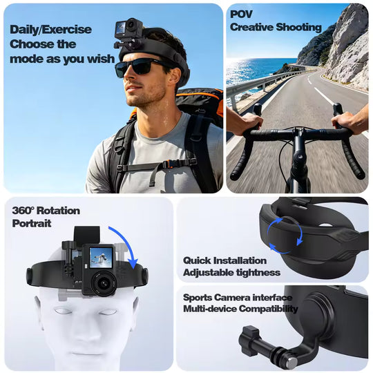Adjustable 360° rotating POV head strap mount for action cameras, ideal for cycling, hiking, sports, and hands-free recording.