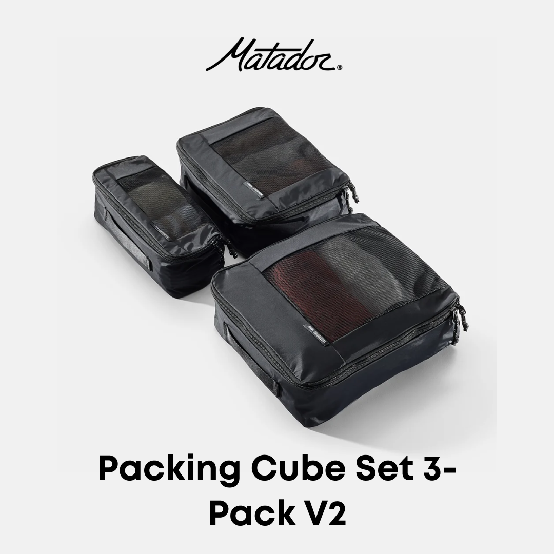 Three black Matador packing cubes with transparent windows, shown in a set of three different sizes on a light gray background with the Matador logo and &