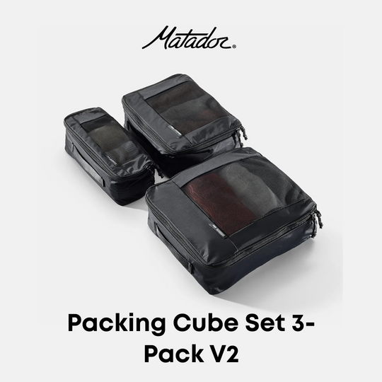 Three black Matador packing cubes with transparent windows, shown in a set of three different sizes on a light gray background with the Matador logo and &
