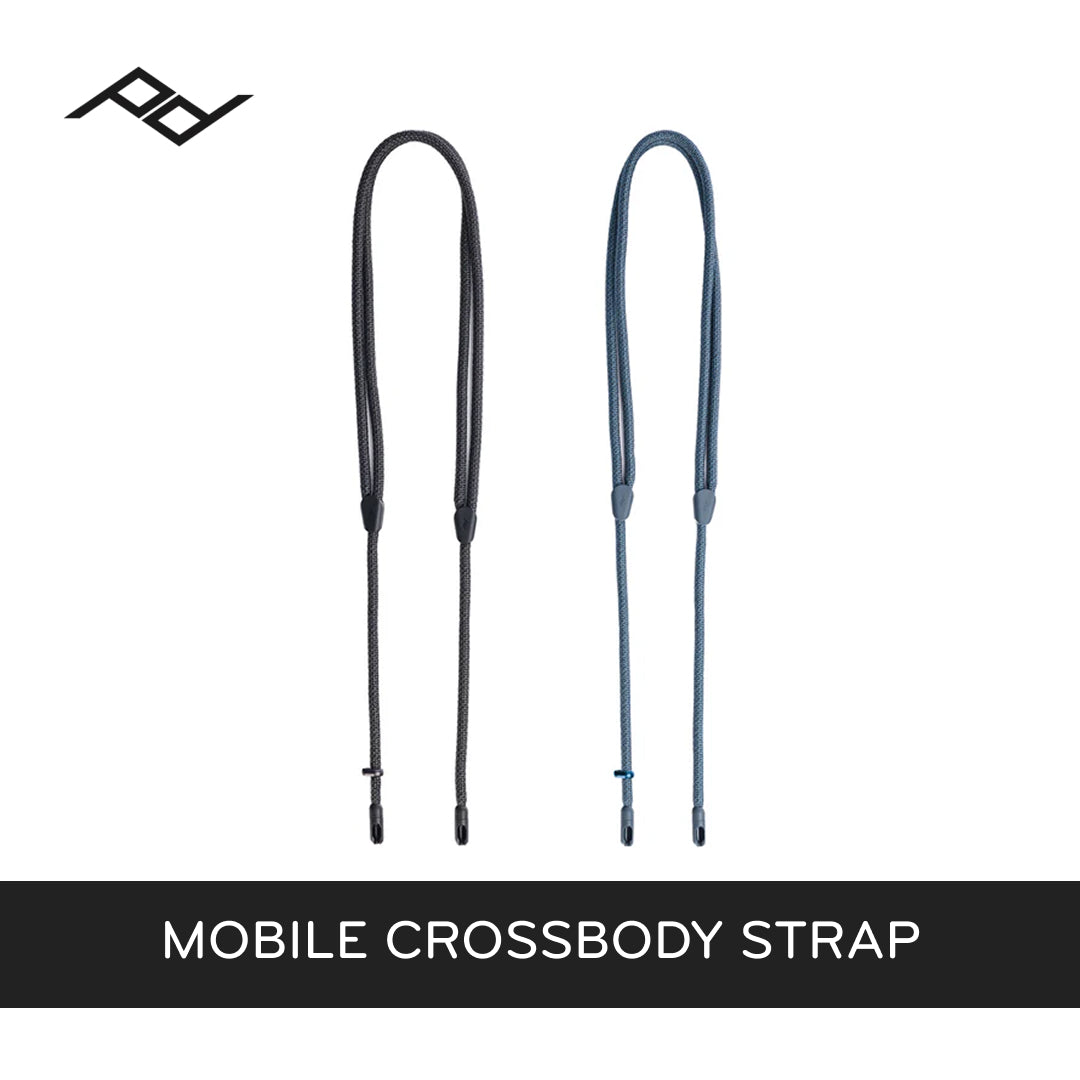 Two mobile crossbody straps on a white background with a peak design logo above them.