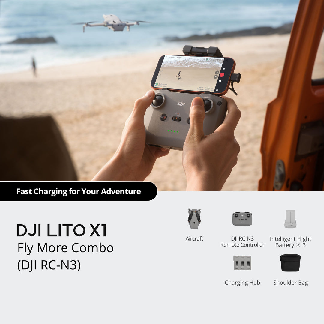 Person holding DJI LITO X1 Fly More Combo with drone in the background