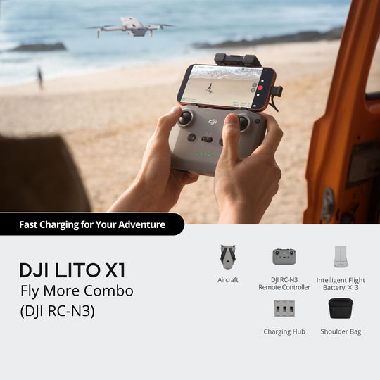 Person holding DJI LITO X1 Fly More Combo with drone in the background