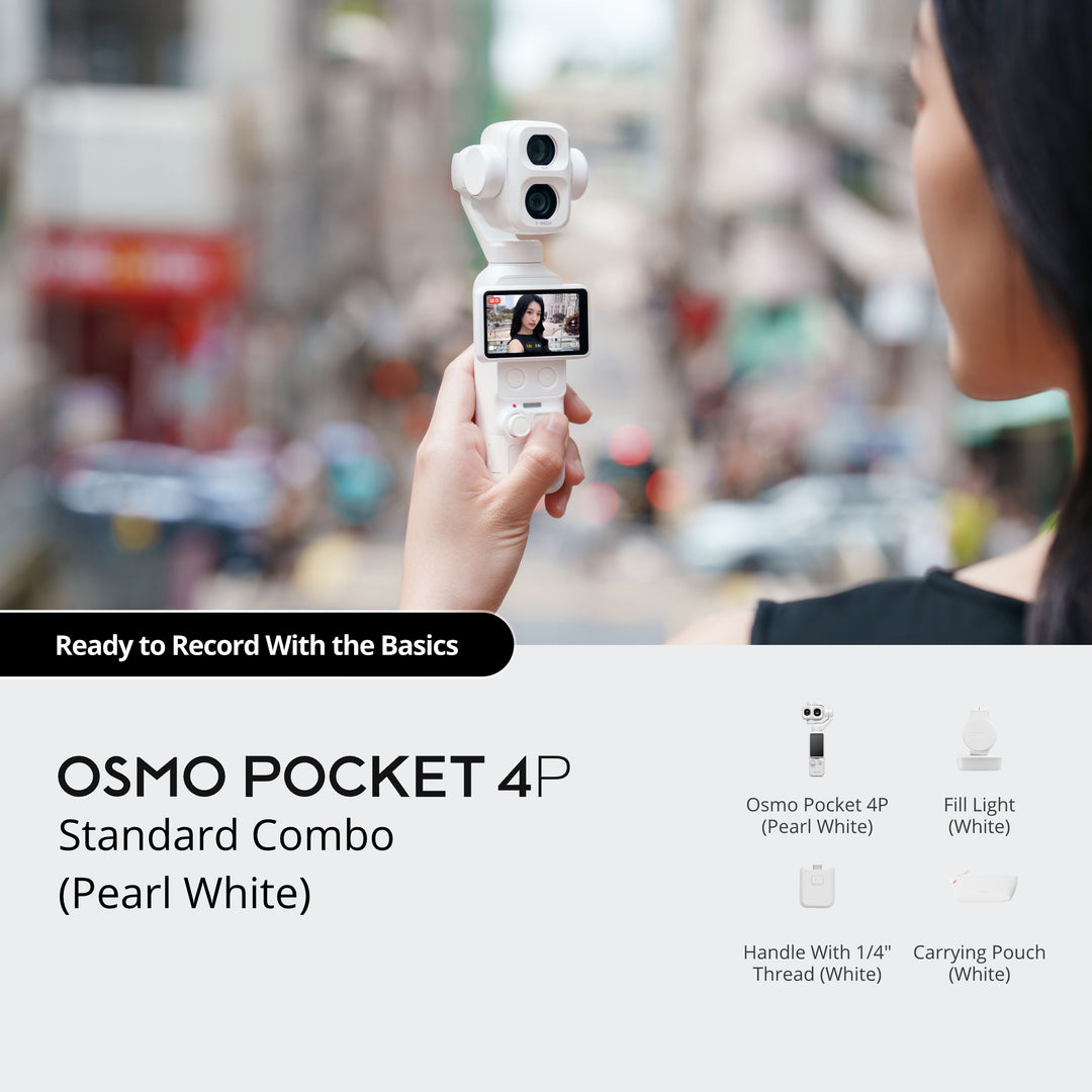Person holding a DJI Osmo Pocket 4P camera in an urban setting with product details displayed.