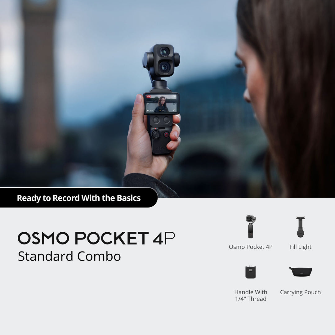 Person holding a DJI Osmo Pocket 4P camera with additional accessories on a blurred background