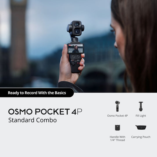 Person holding a DJI Osmo Pocket 4P camera with additional accessories on a blurred background