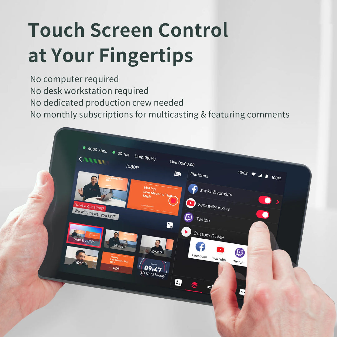 Person holding a Yololiv YoloBox Pro with a streaming application interface, text about touchscreen control.