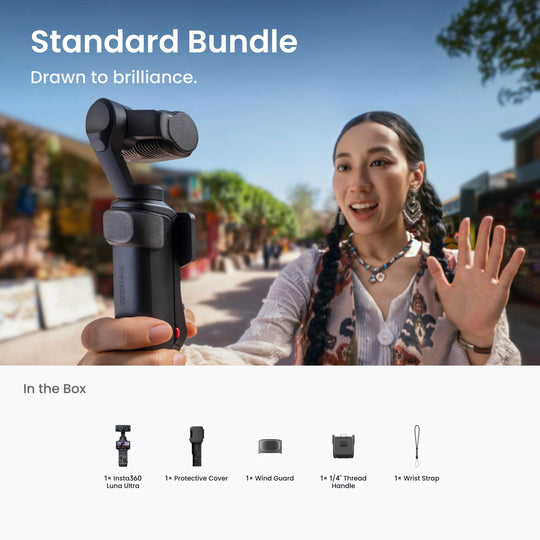 Person holding a camera stabilizer with product details on a scenic background